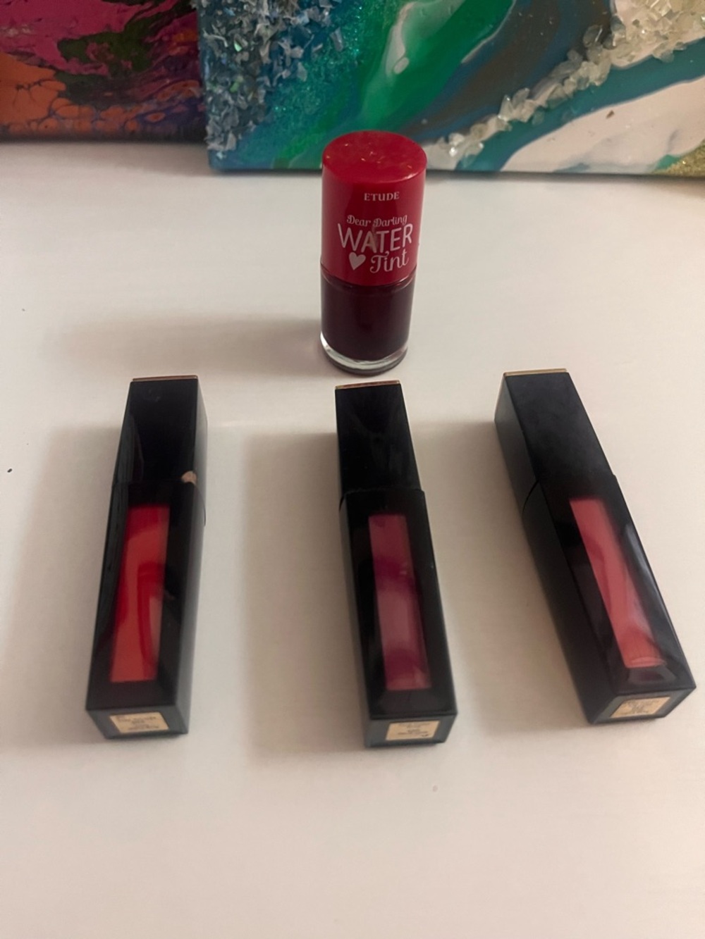 Etude Water Tint + 3 Estée Lauder Lip Glosses in Red and Pink